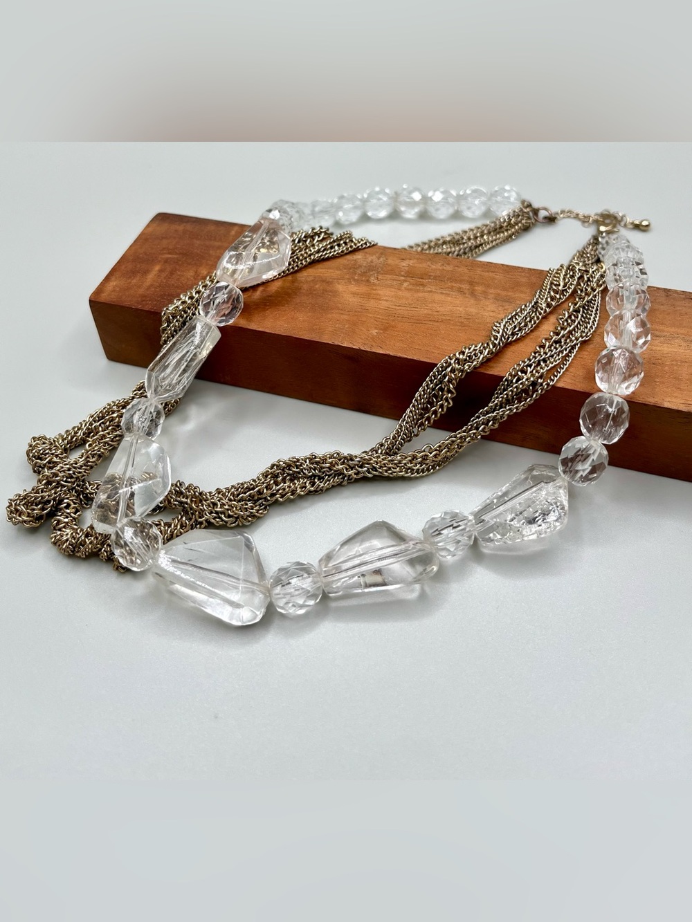 VTG Layered Gold Tone Chain Necklace Faceted Clear Lucite Statement Chunky Chic